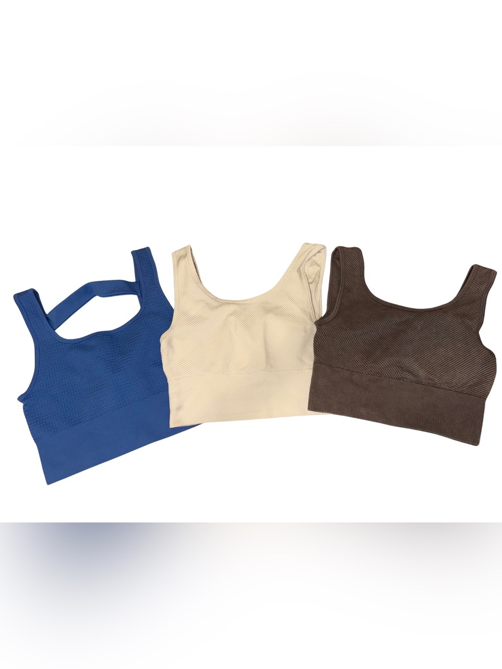 Seamless Ribbed Scoop Crop Tank Sports Bras- Blue, Cream & Brown